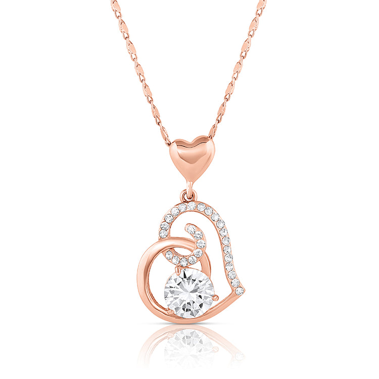 A rose gold-colored necklace with a heart-shaped pendant adorned with genuine Austrian crystals.