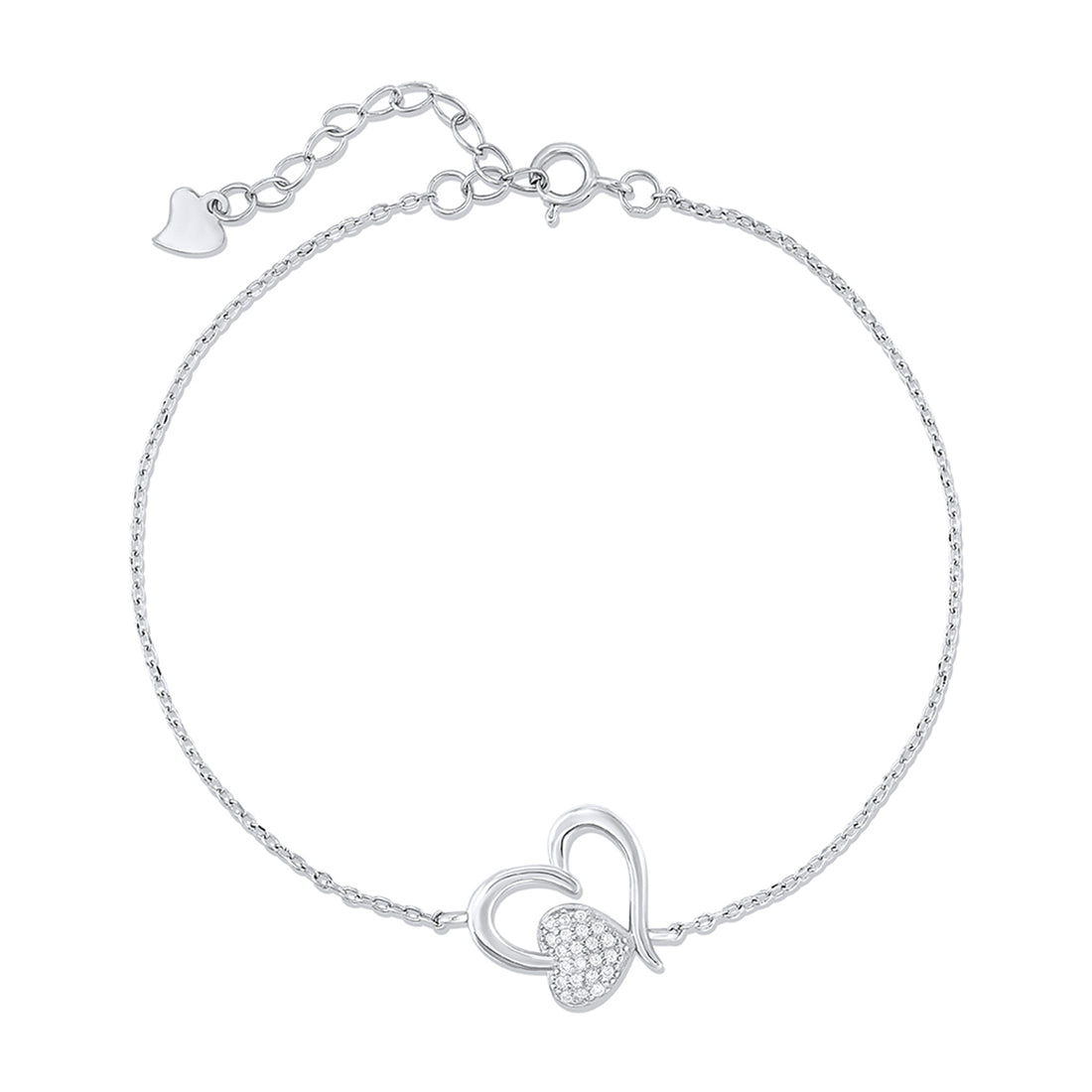 A silver bracelet featuring a heart-shaped charm with a small pavé of crystal zirconias in the center, displayed on a white background.