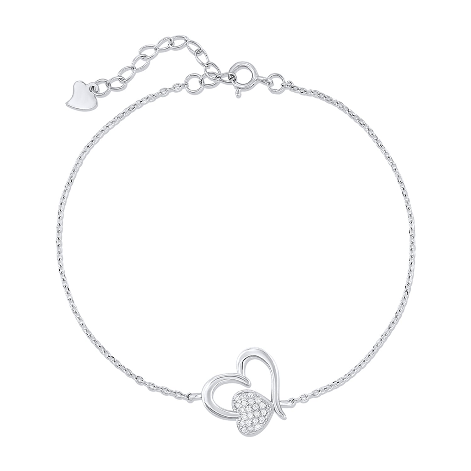 A silver bracelet featuring a heart-shaped charm with a small pavé of crystal zirconias in the center, displayed on a white background.