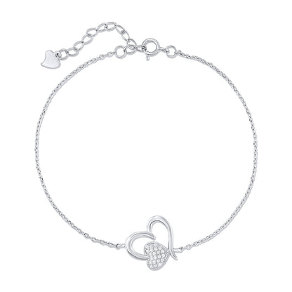 A silver bracelet featuring a heart-shaped charm with a small pavé of crystal zirconias in the center, displayed on a white background.