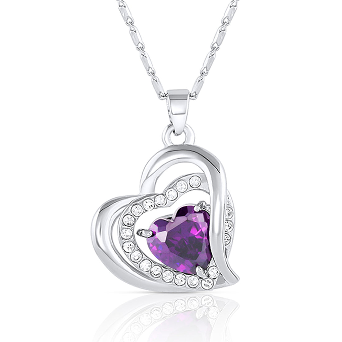 A heart-shaped purple crystal zirconia pendant necklace with white gold plating and small white stones around the edge.